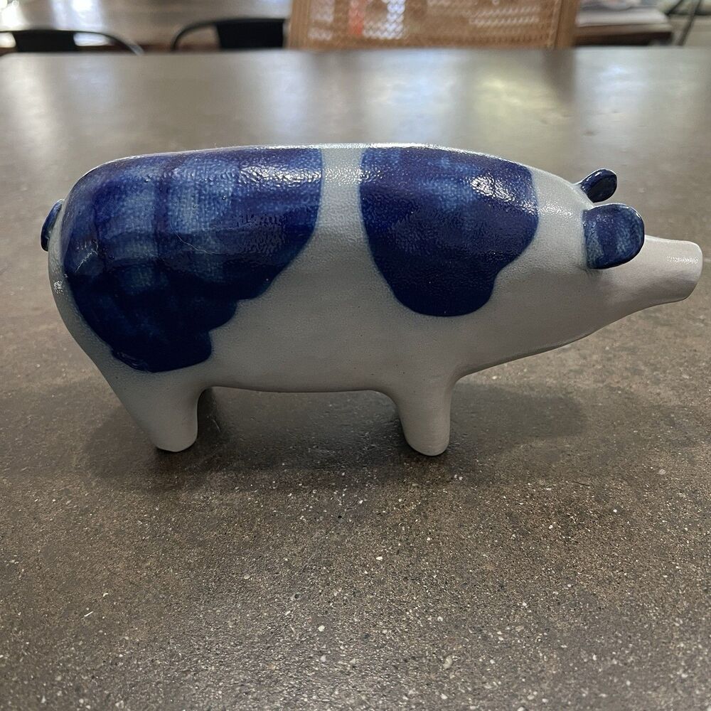 VTG Signed David ELDRETH SALT GLAZED Stonewear Pig COBALT BLUE ON GRAY - Picture 5 of 12